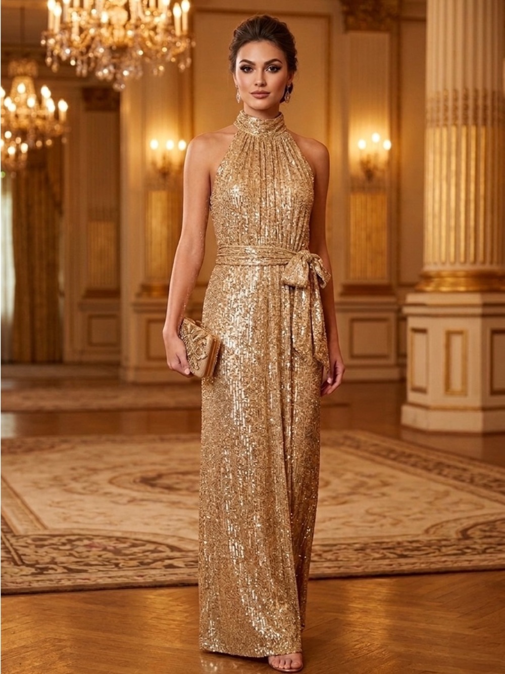MAC DUGGAL 11281 Gold Champagne Sequin Halter Neck Belted Soft Tie Maxi Dress 14 - Picture 1 of 15